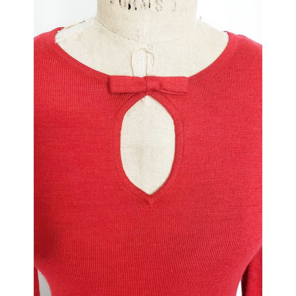NANETTE LEPORE Womens  Fine Knit Meriono Wool Sweater Pleated Cuff Bow Red M - Picture 6 of 7
